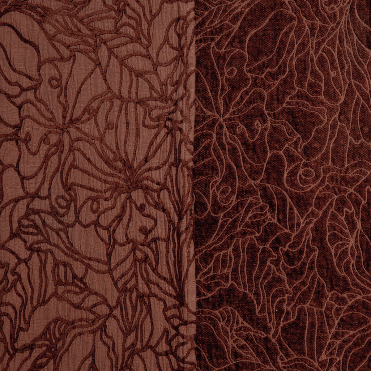Autumn: A close-up of both sides of the reversible Georgia fabric in the colorway, Autumn, a rich terracotta tone.