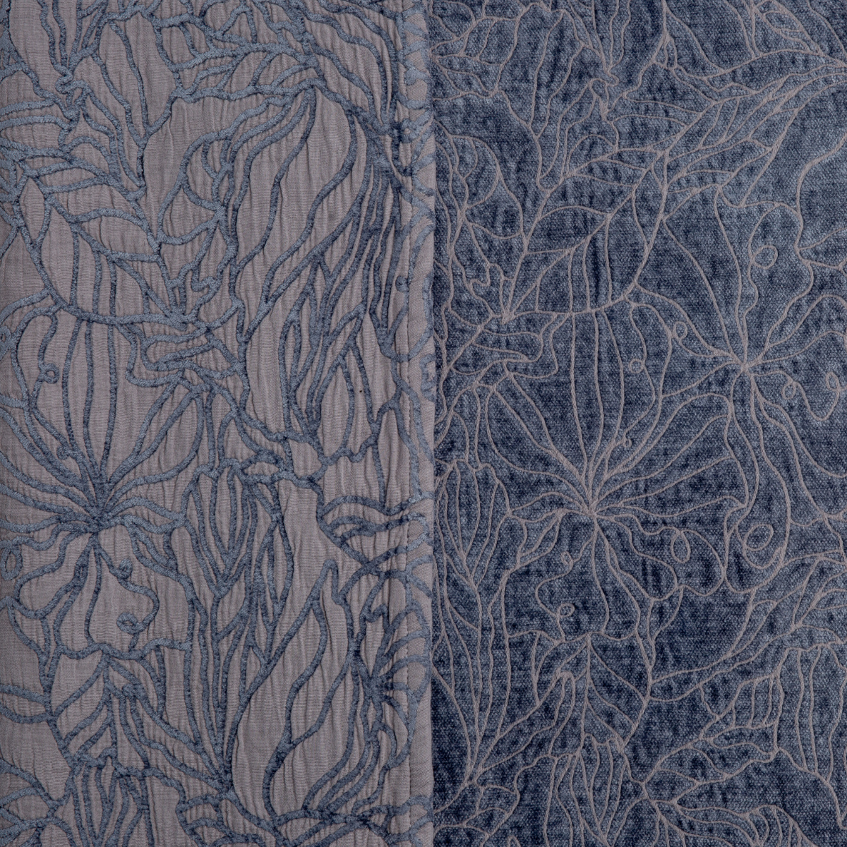 French Lavender: georgia fabric shown with the cotton jacquard side on the left and chenille jacquard side on the right in french lavender, a neutral violet hue that varies in its intensity