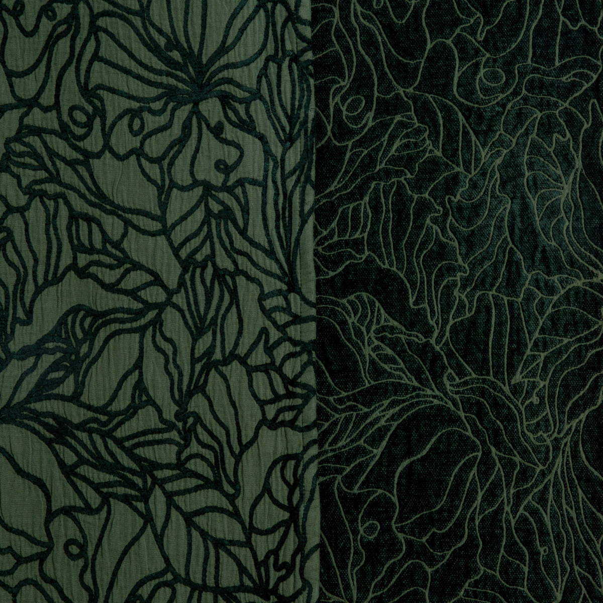 Juniper: georgia fabric shown with the cotton jacquard side on the left and chenille jacquard side on the right in juniper, a profound green with a calming depth like an abudant forest