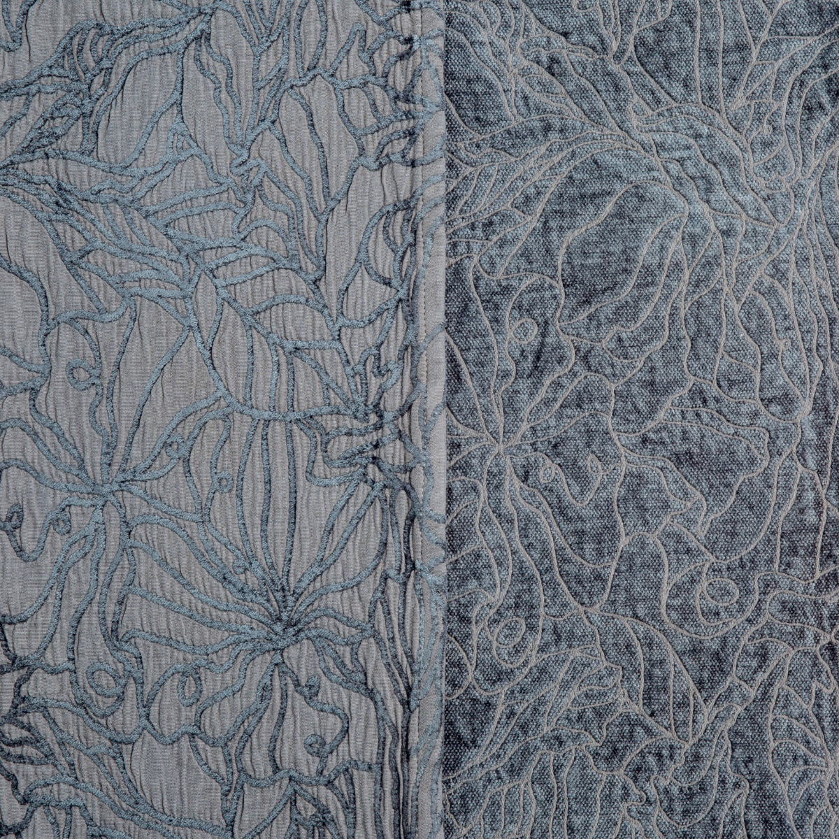 Moonlight: georgia fabric shown with the cotton jacquard side on the left and chenille jacquard side on the right in moonlight, a saturated, cool, mid-dark grey tone. 
