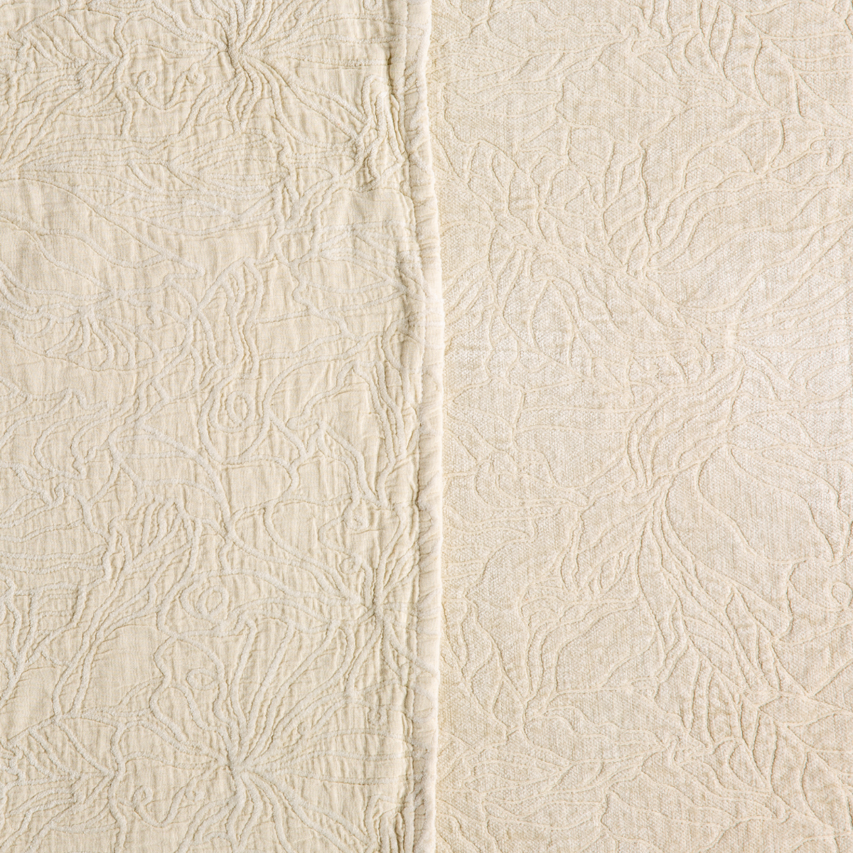 Parchment: georgia fabric shown with the cotton jacquard side on the left and chenille jacquard side on the right in parchment, a warm, antiqued cream. 