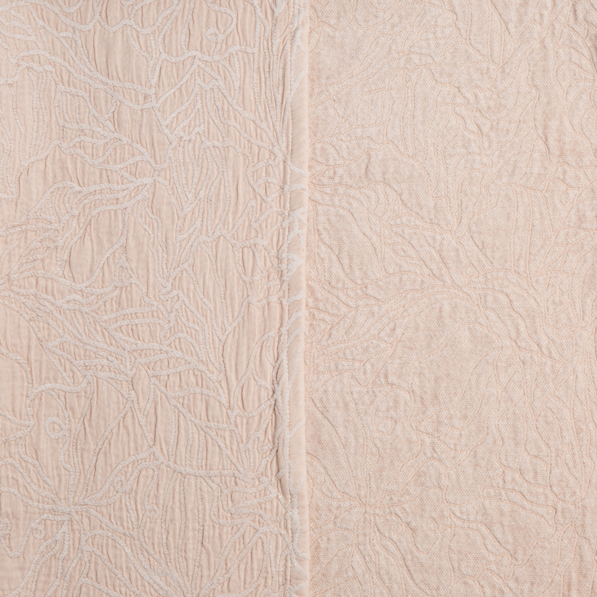 Pearl: georgia fabric shown with the cotton jacquard side on the left and chenille jacquard side on the right in pearl, a nude-like, soft rose pink tone. 