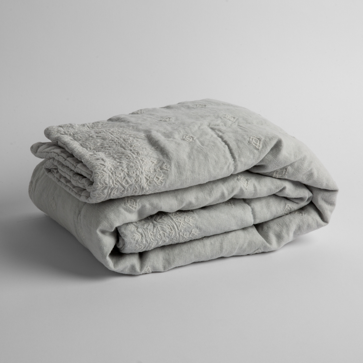 Cloud:  embroidered linen baby blanket folded and shown  overhead from a slight angle against a white background. 