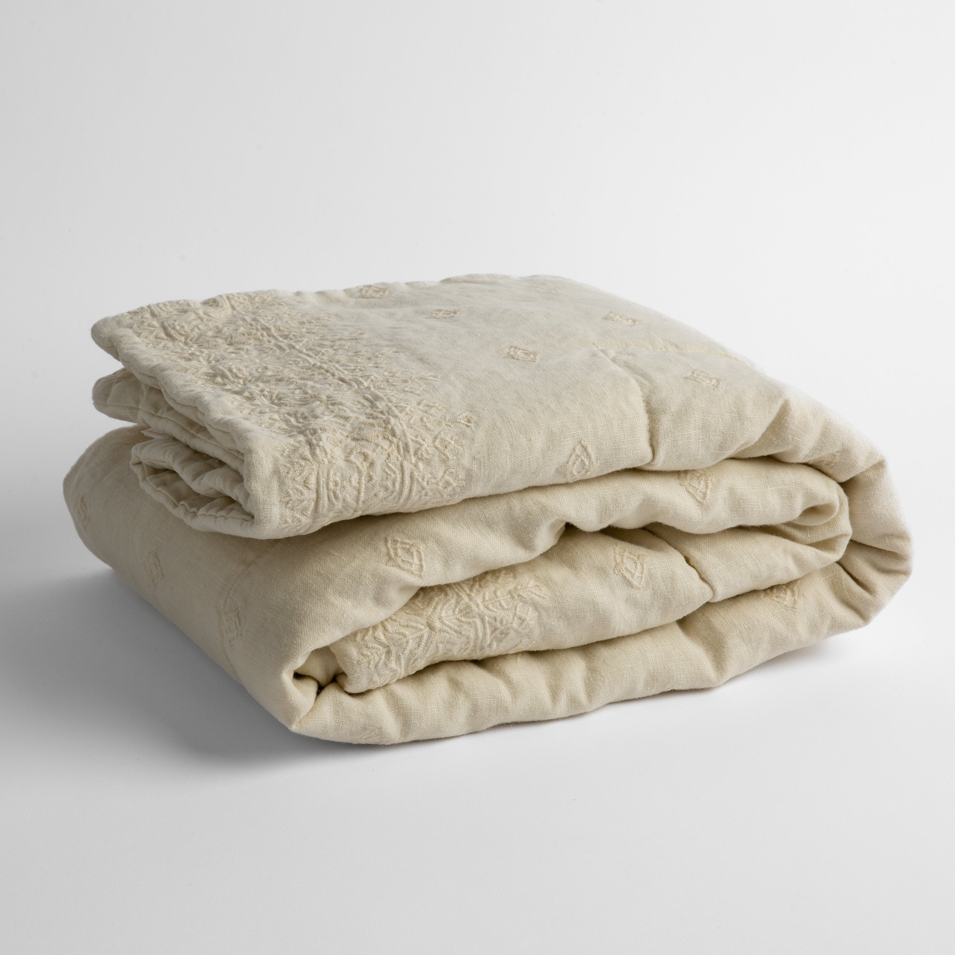 Parchment: embroidered linen baby blanket folded and shown  overhead from a slight angle against a white background. 