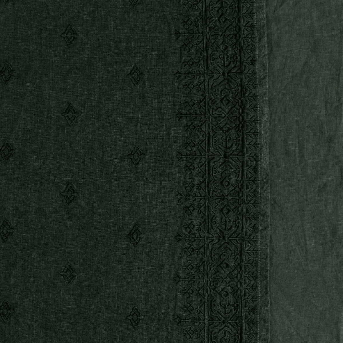 Juniper: A close up of embroidered midweight linen fabric in Juniper, a deep green tone.