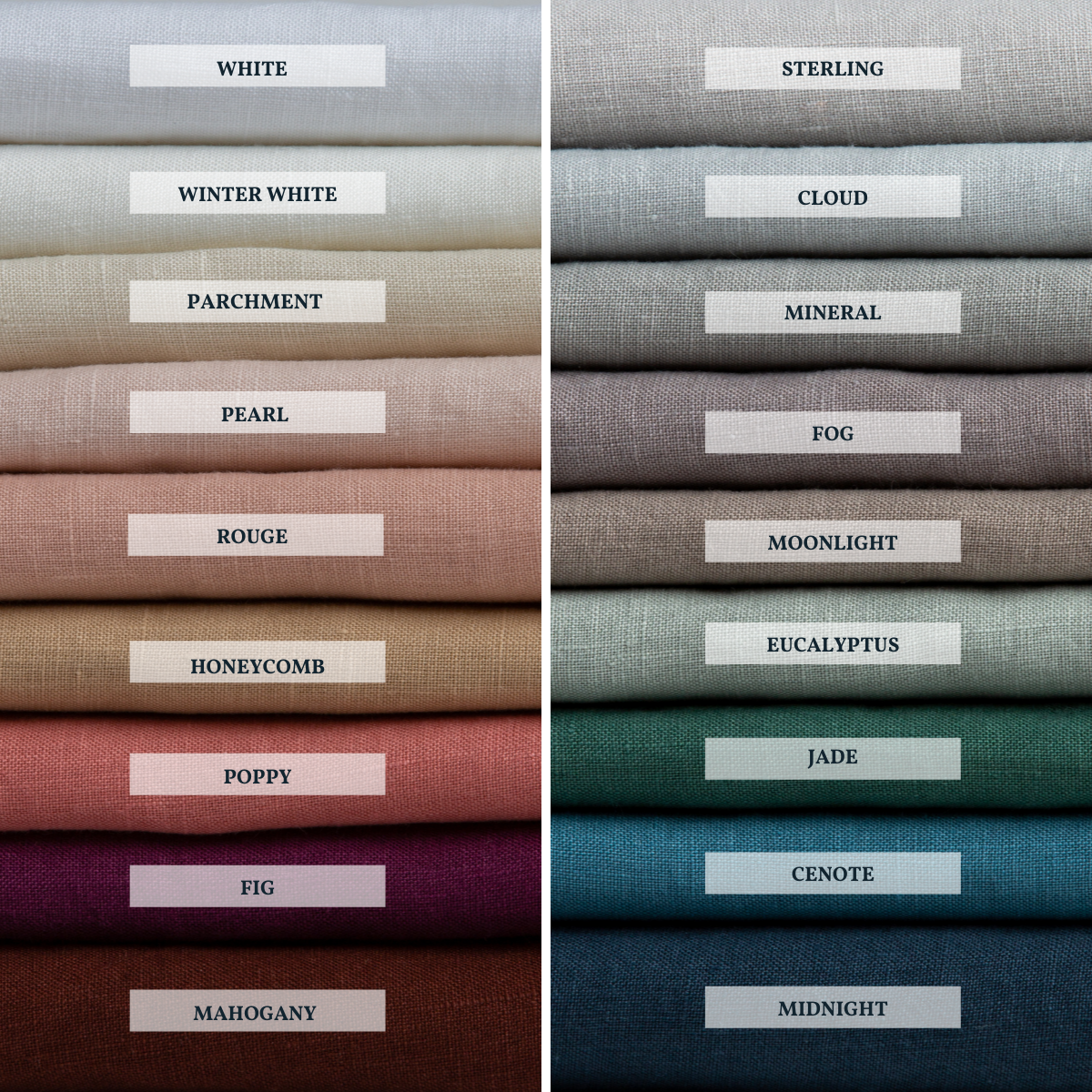 :  A close up of linen in shown in each of our 18 colorways, stacked to demonstrate our palette.