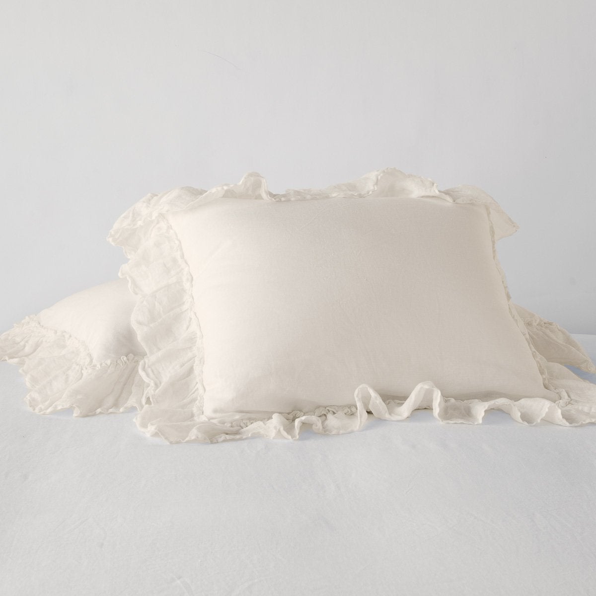 Parchment: standard sham leaning against a king sham laying flat, on a plain background.