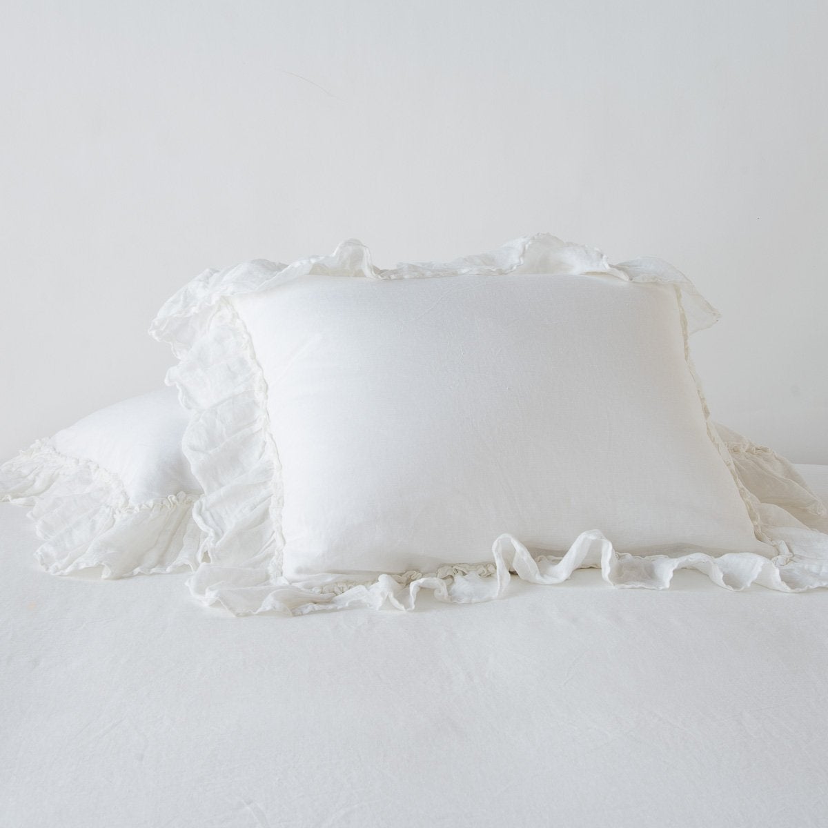 Winter White: standard sham leaning against a king sham laying flat, on a plain background.