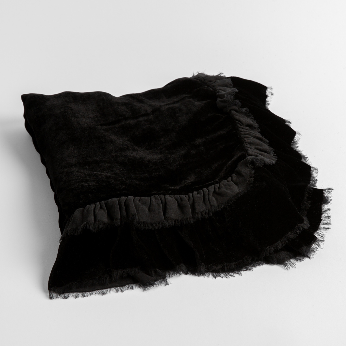 Corvino:  an overhead shot of a folded silk velvet baby blanket with a raw-edged eyelash ruffle detail.