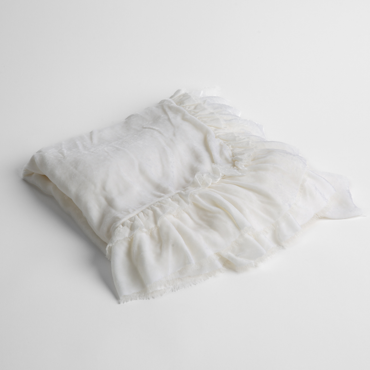 White: an overhead shot of a folded silk velvet baby blanket with a raw-edged eyelash ruffle detail.