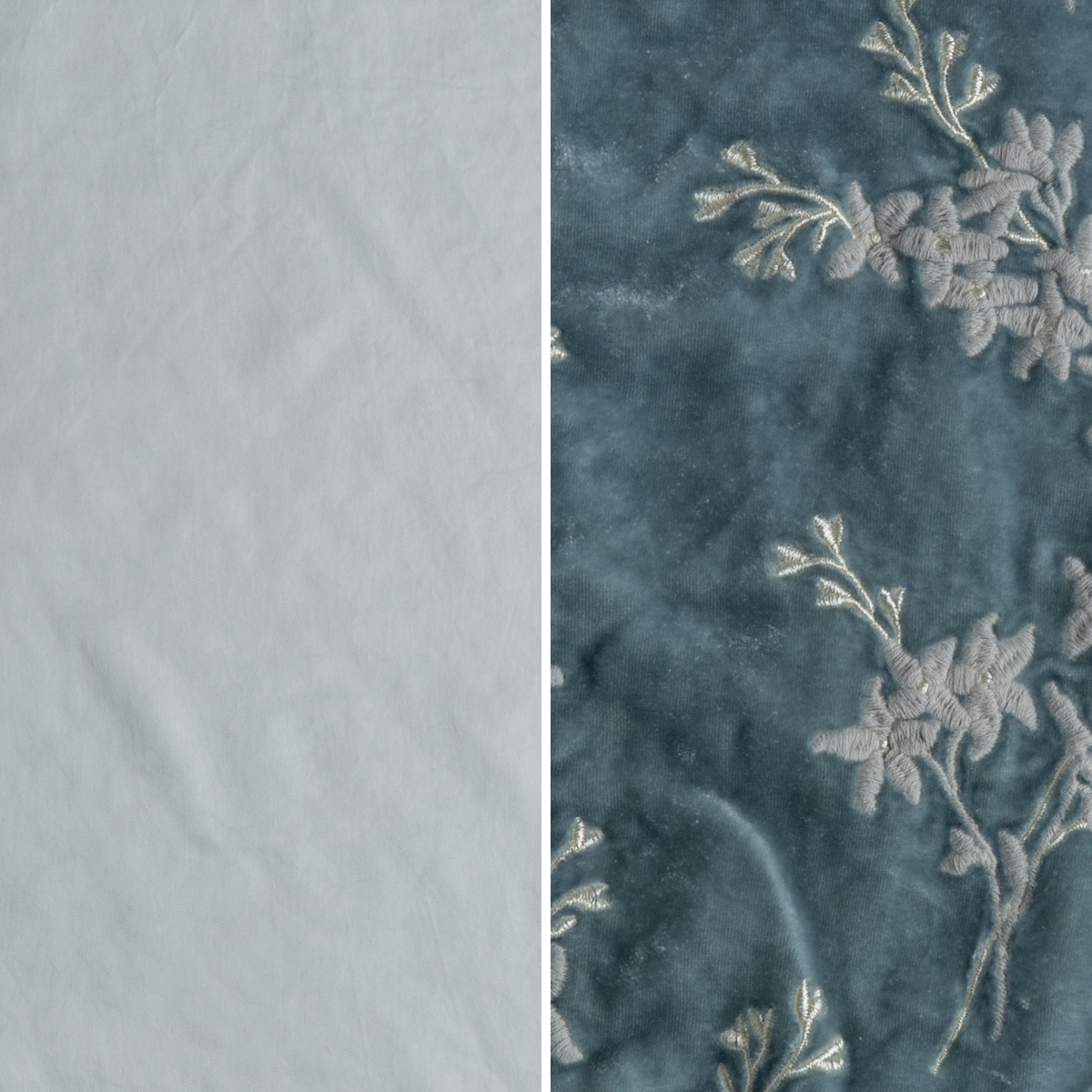 Cloud: an image of tencel and embroidered silk velvet side-by-side in clould, a light blue.