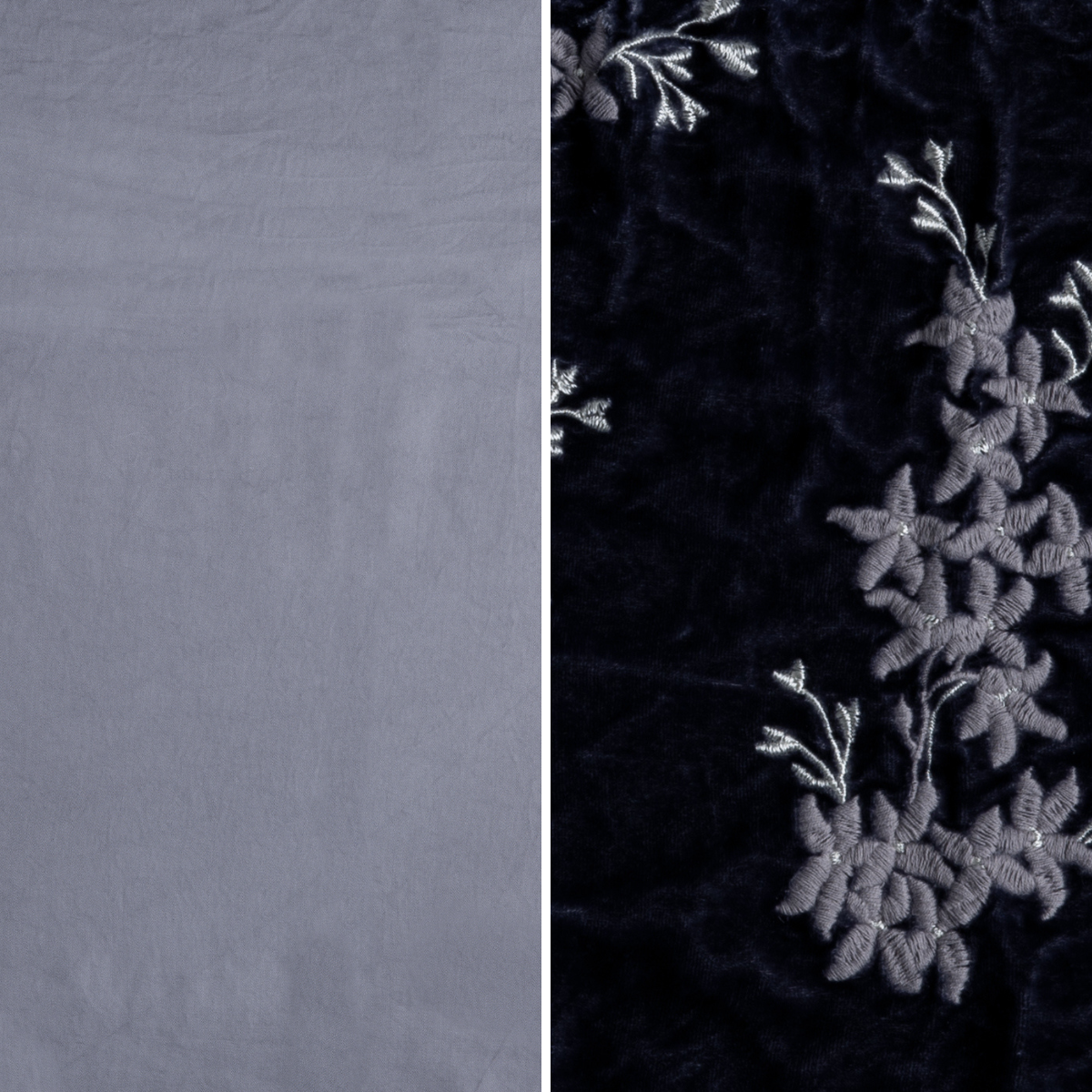 French Lavender: an image of tencel and embroidered silk velvet side-by-side in french lavender, a neutral lavender tone.