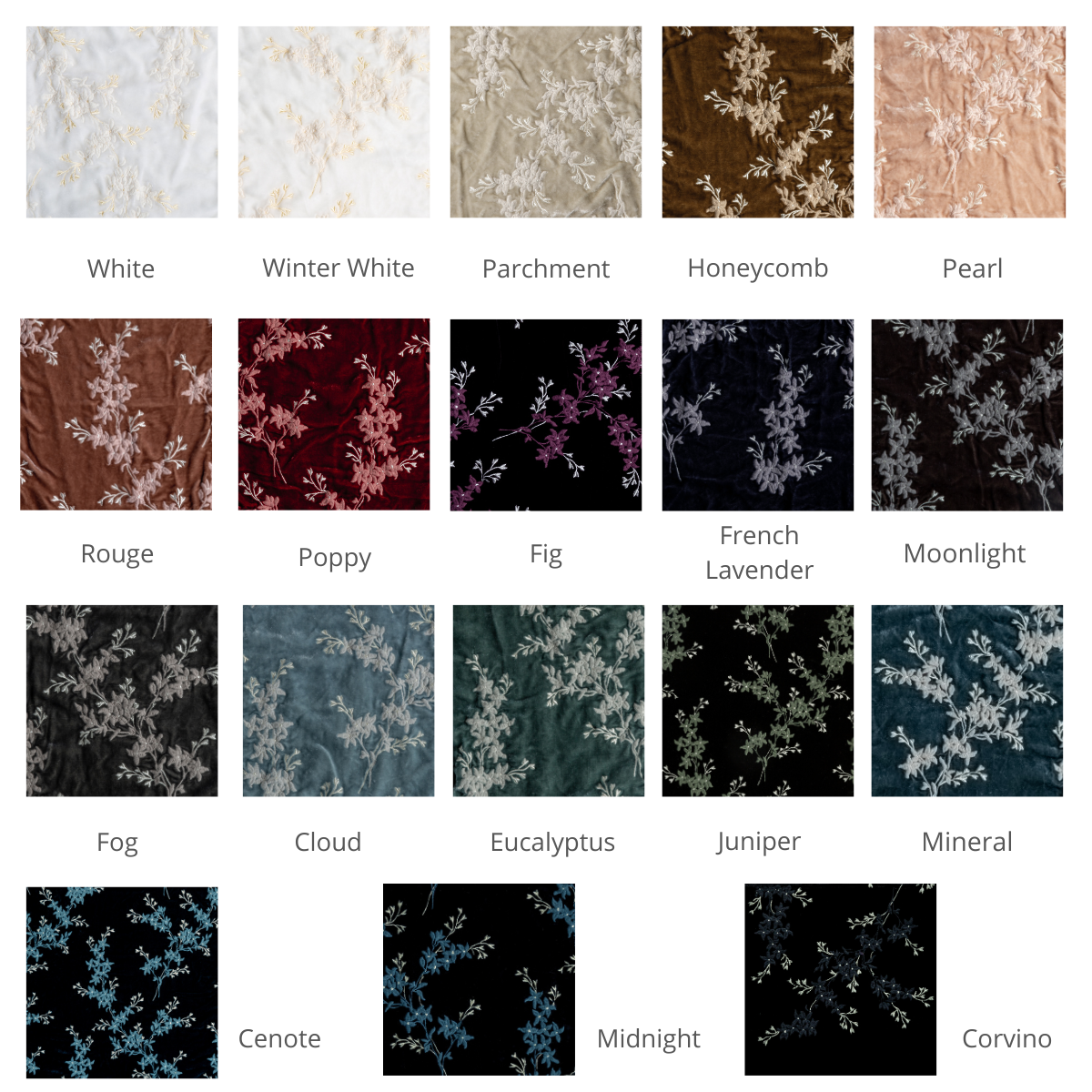: a grid of embroidered silk velvet in available colorways.