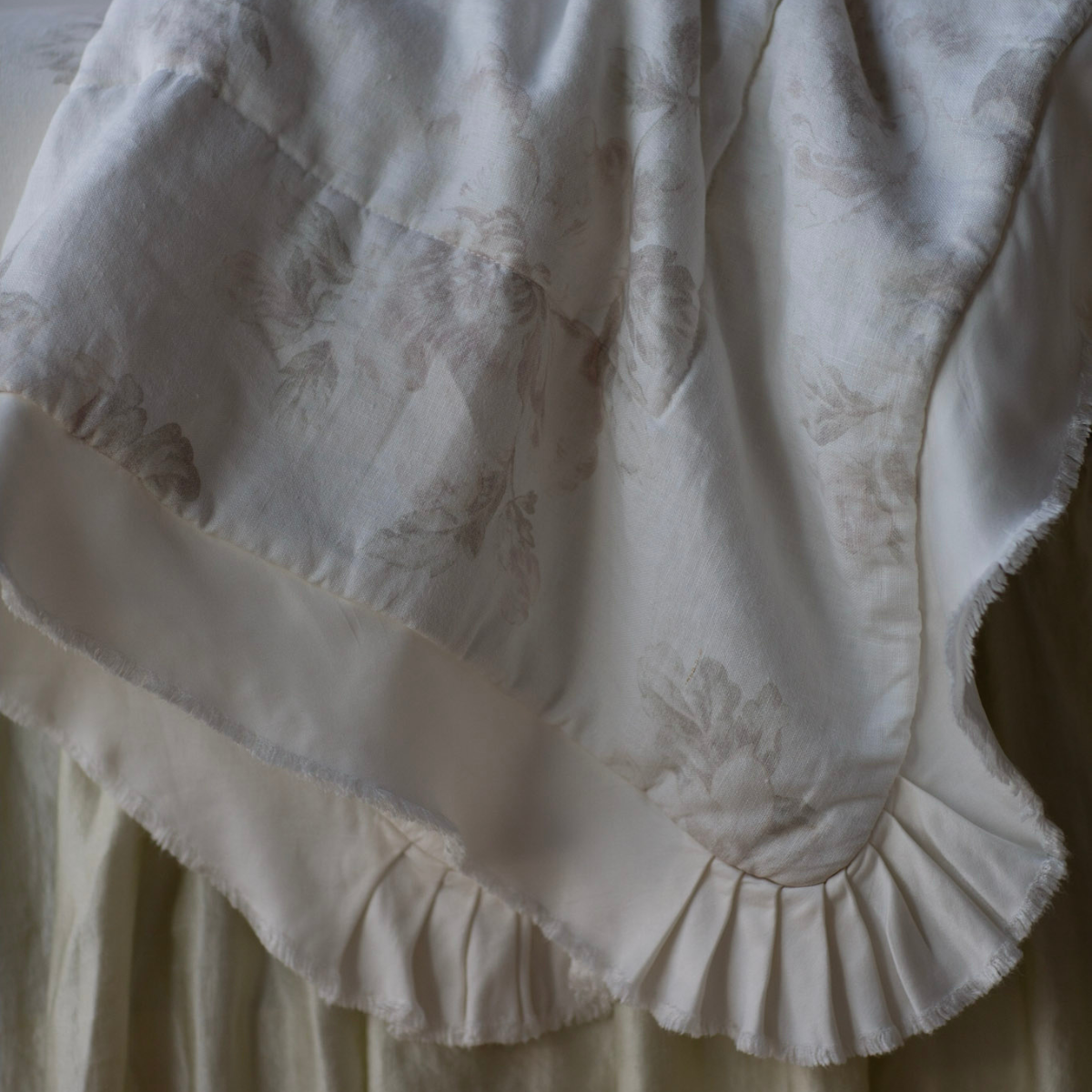 : close-up of blanket's ruffle detail showing the corner pleats in satin trimming a floral print on midweight linen. 