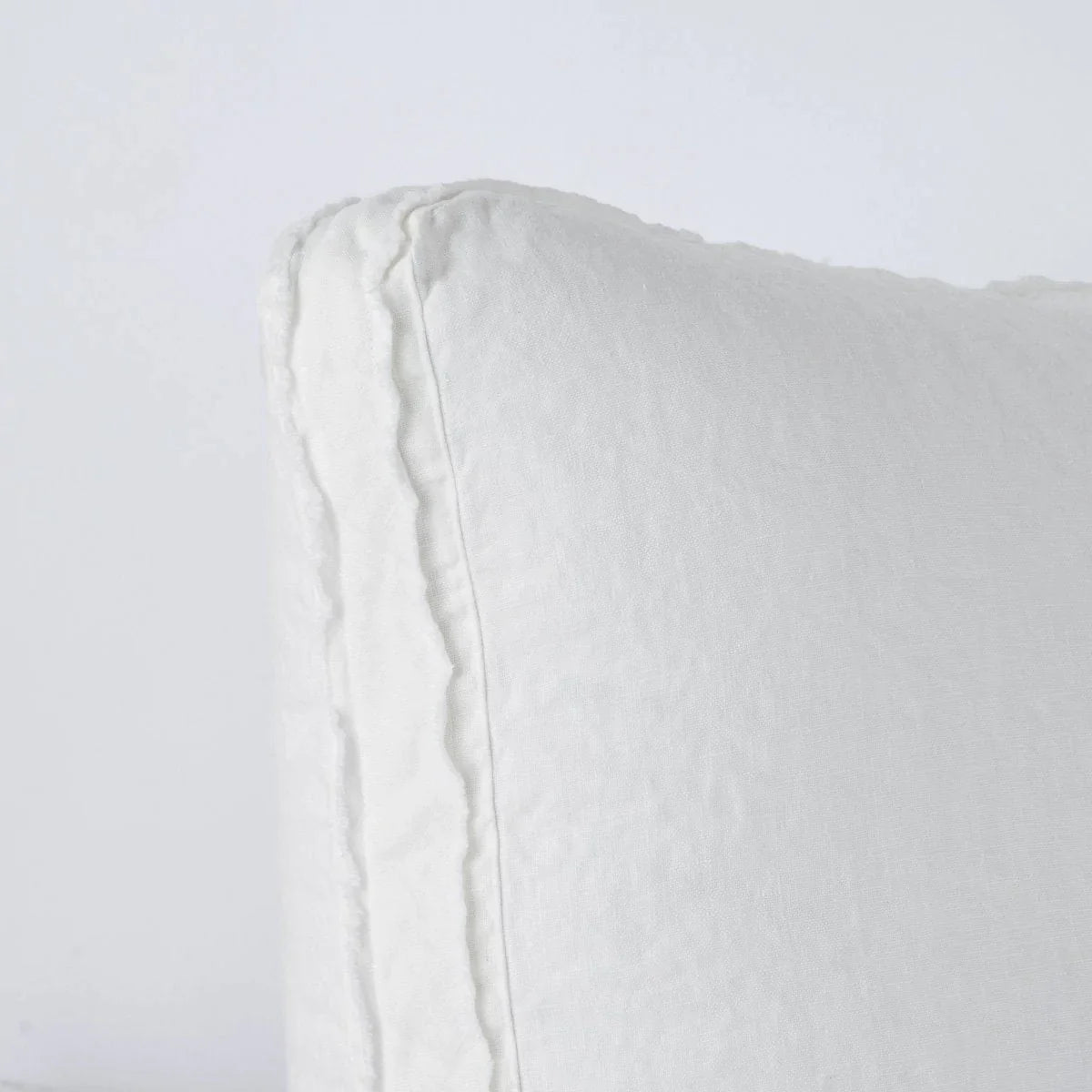 Winter White: Close-up angle of the corner of an Austin sham, highlighting the raw edge trim on either side of the gusset.
