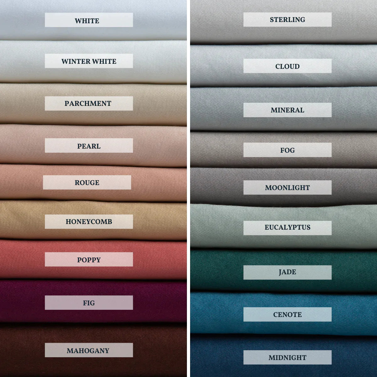 : A close up of cotton sateen fabric, shown in each of our 18 colorways, stacked to demonstrate our palette.