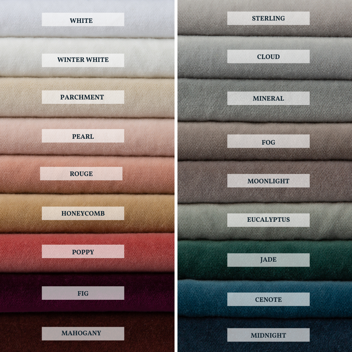 : A close up of cotton velvet, shown in each of our 18 colorways, stacked to demonstrate our palette.