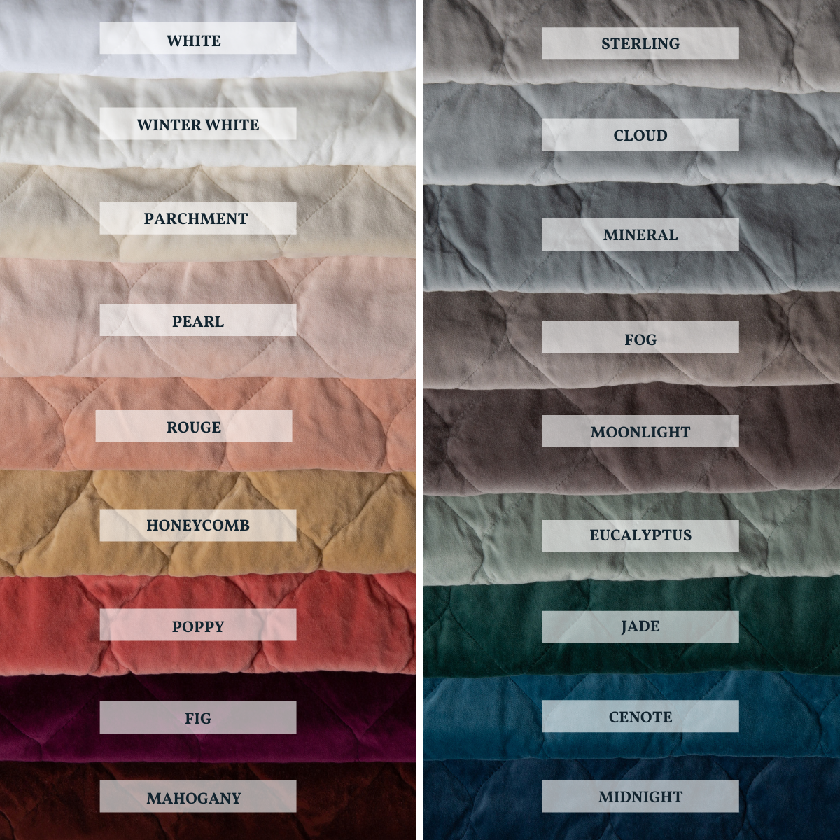: Close-up of Harlow cotton velvet quilting, shown in each of our 18 colorways, stacked to demonstrate our palette.