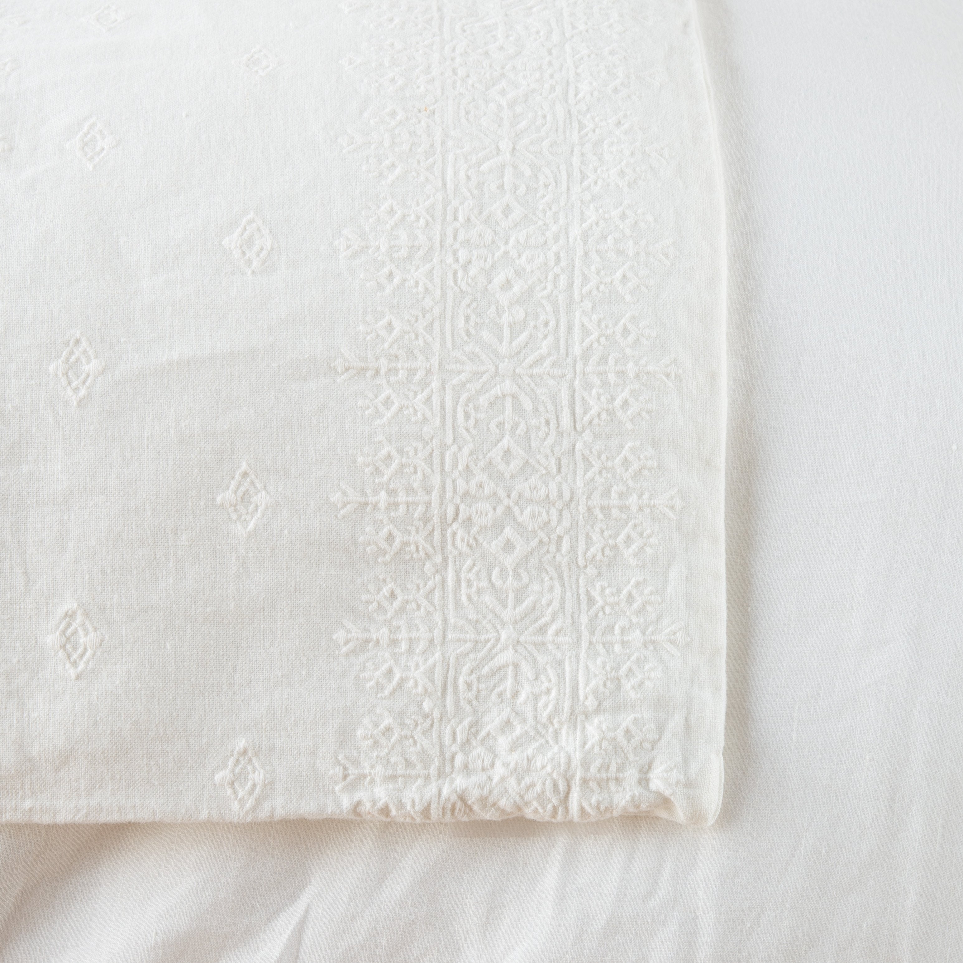 Winter White: Close-up of corner against a white background, showcasing embroidery pattern detail - overhead view.