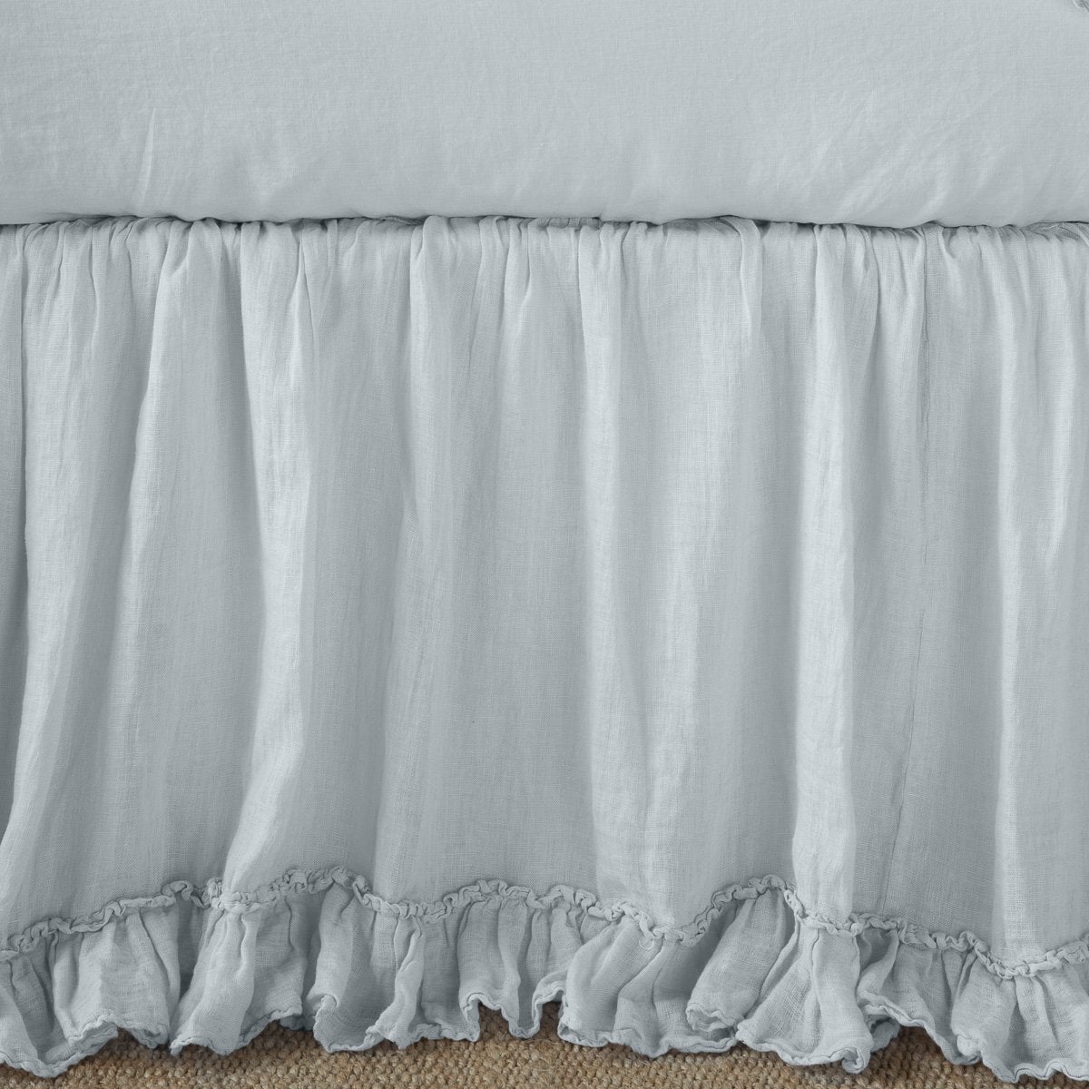 Cloud: Close up of bed skirt, showcasing ruffle detail - side view.
