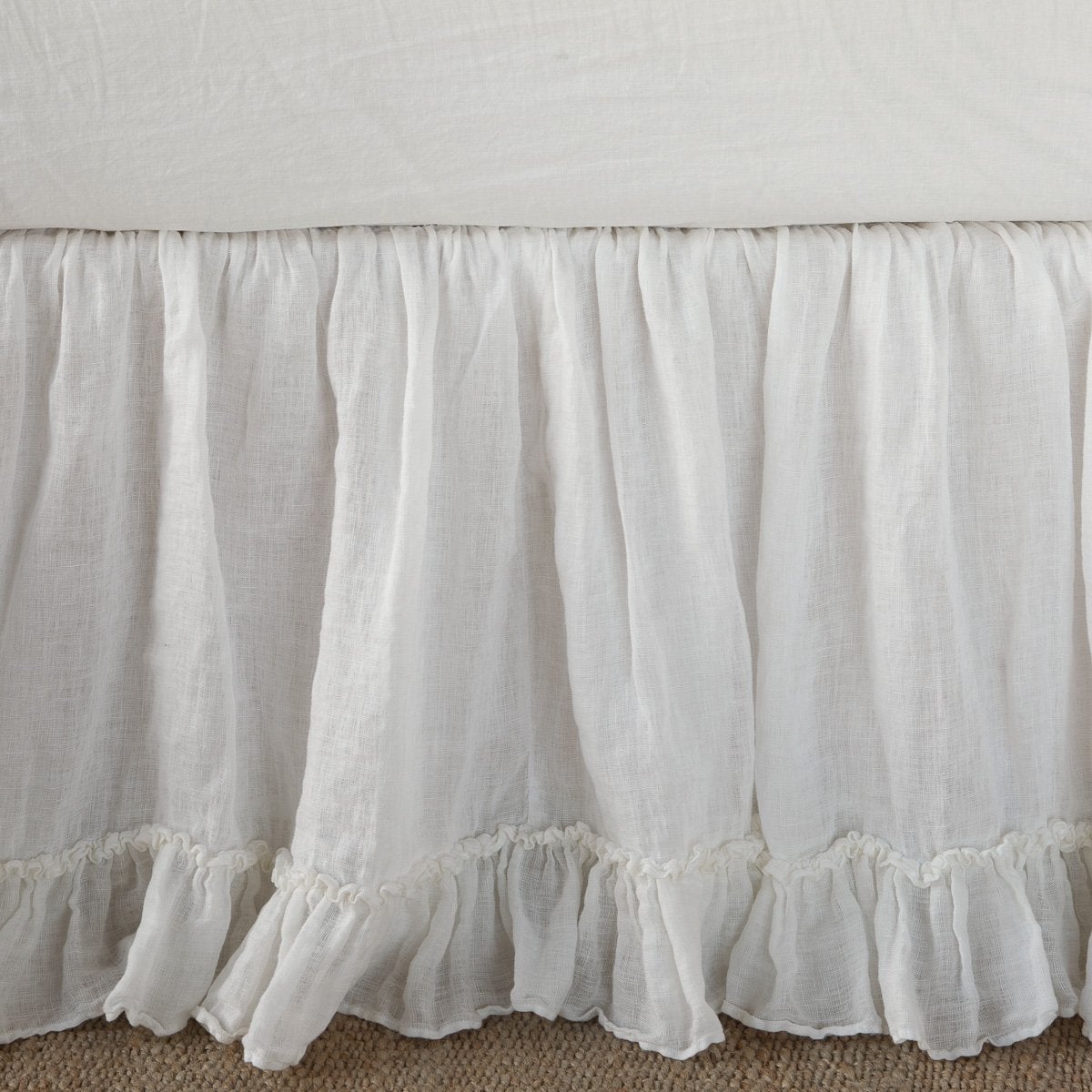 Winter White: Close up of bed skirt, showcasing ruffle detail - side view.