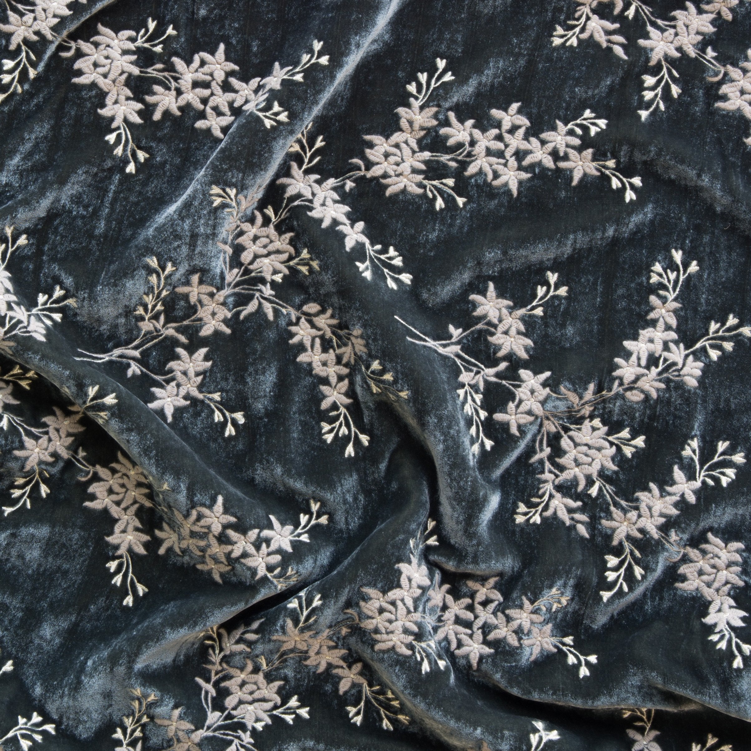 Fog: A close up of Lynette embroidered silk velvet, in fog, a neutral-warm, soft mid-tone grey. 