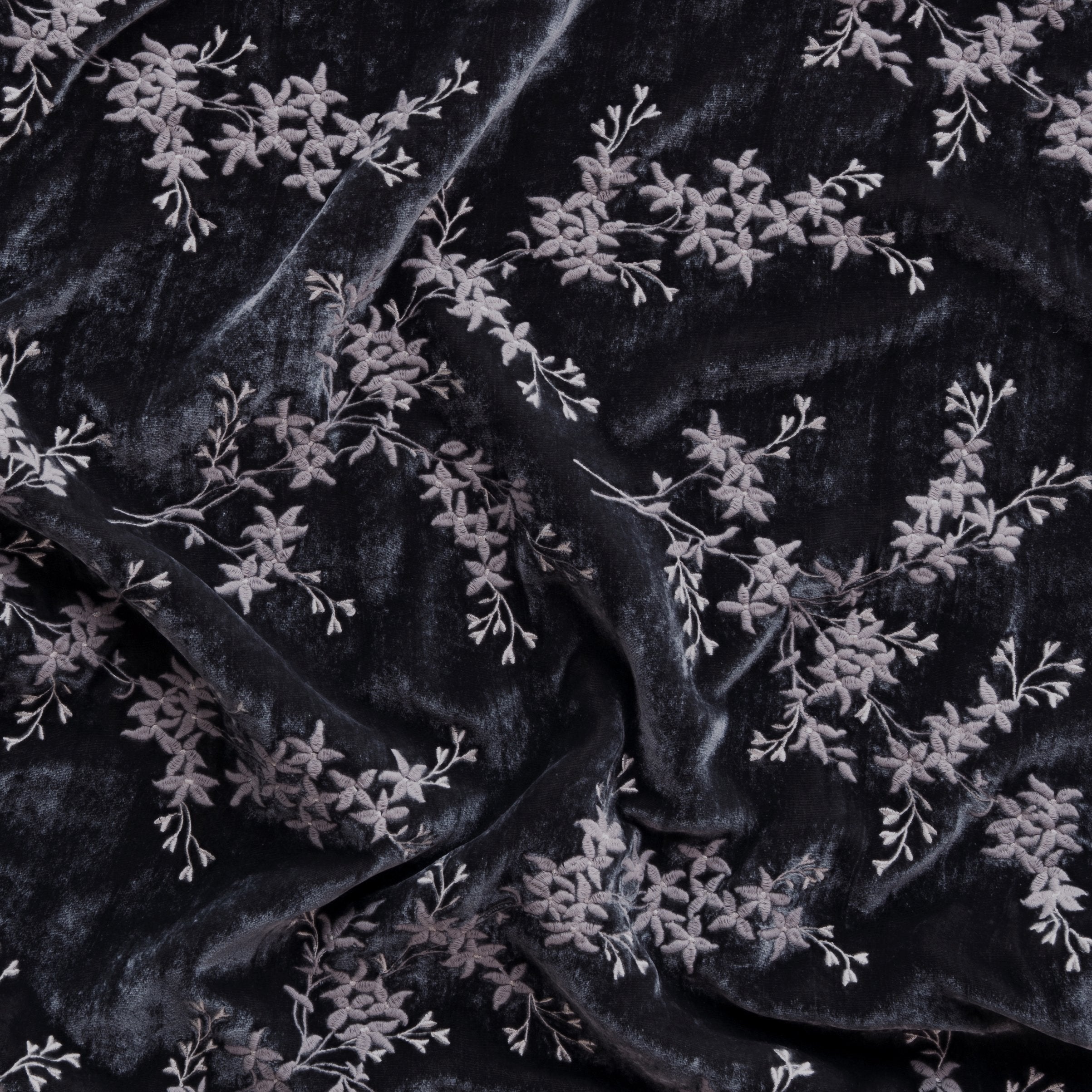 Moonlight: A close up of Lynette embroidered silk velvet, in moonlight, a saturated, cool, mid-dark grey tone. 