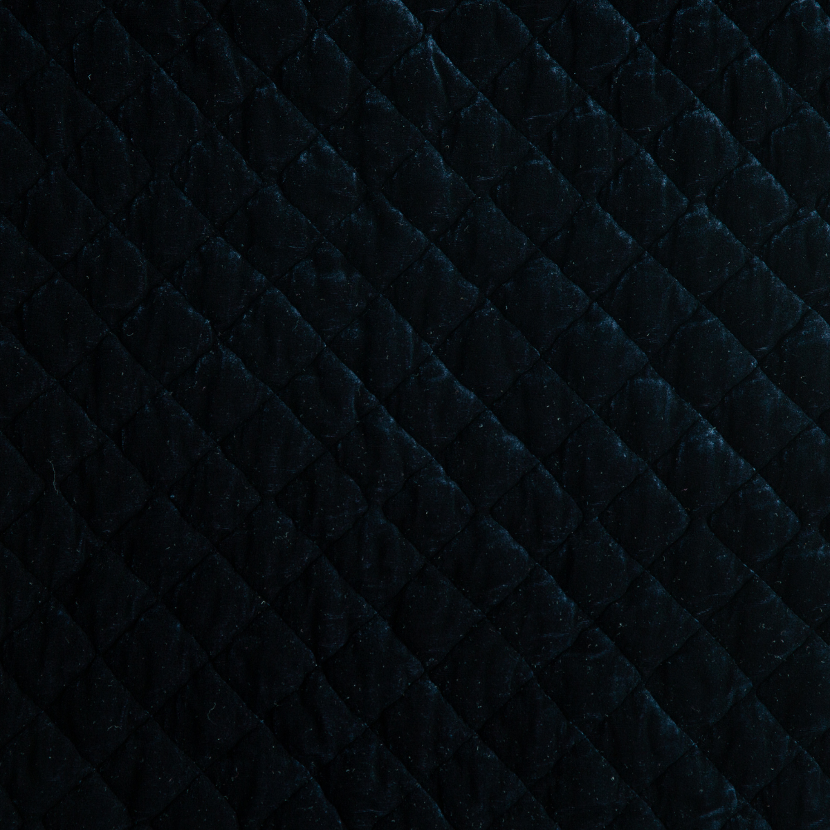 Midnight: Close-up of quilted silk velvet in midnight, a rich indigo tone. 