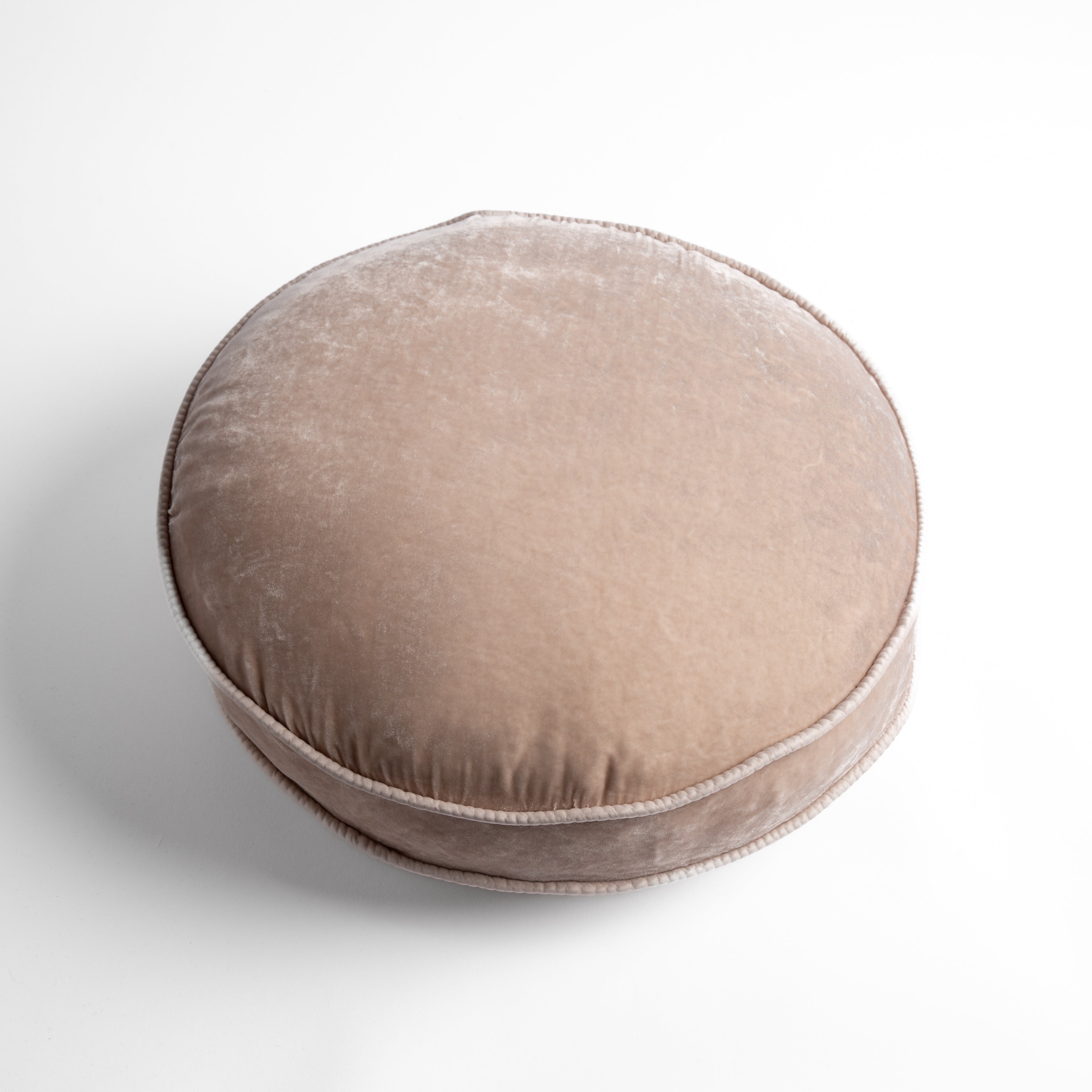 Pearl: Silk velvet round pillow with satin trim, overhead angle shows gusset. 