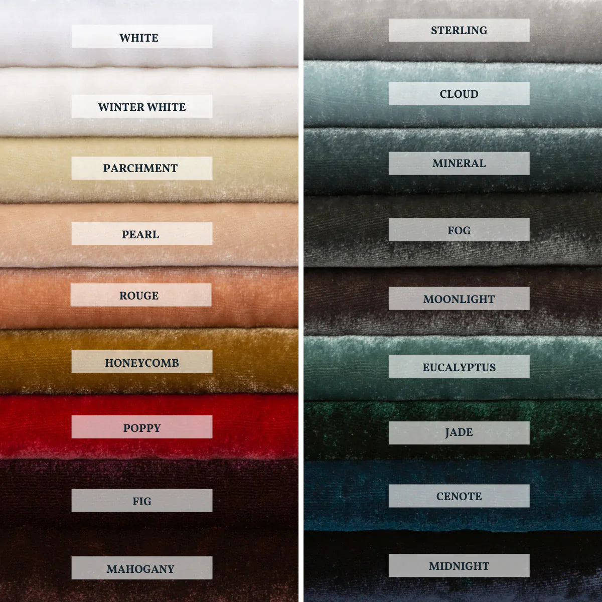 : A close up of silk velvet, shown in each of our 18 colorways, stacked to demonstrate our palette.