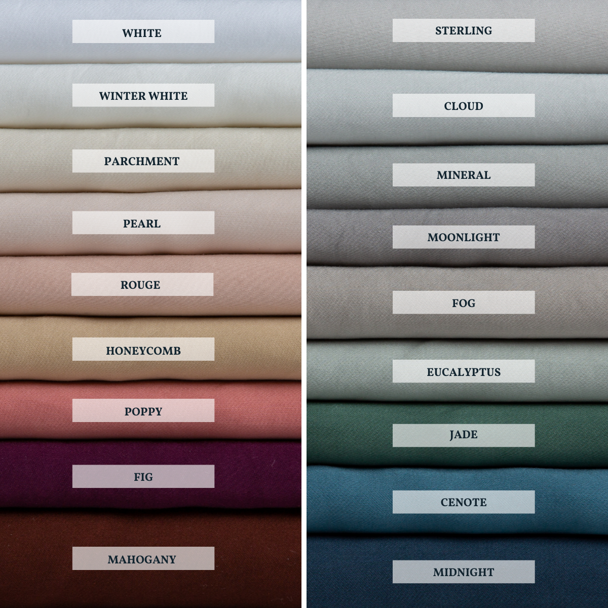 : A close up of Tencel™ fabric, shown in each of our 18 colorways, stacked to demonstrate our palette.