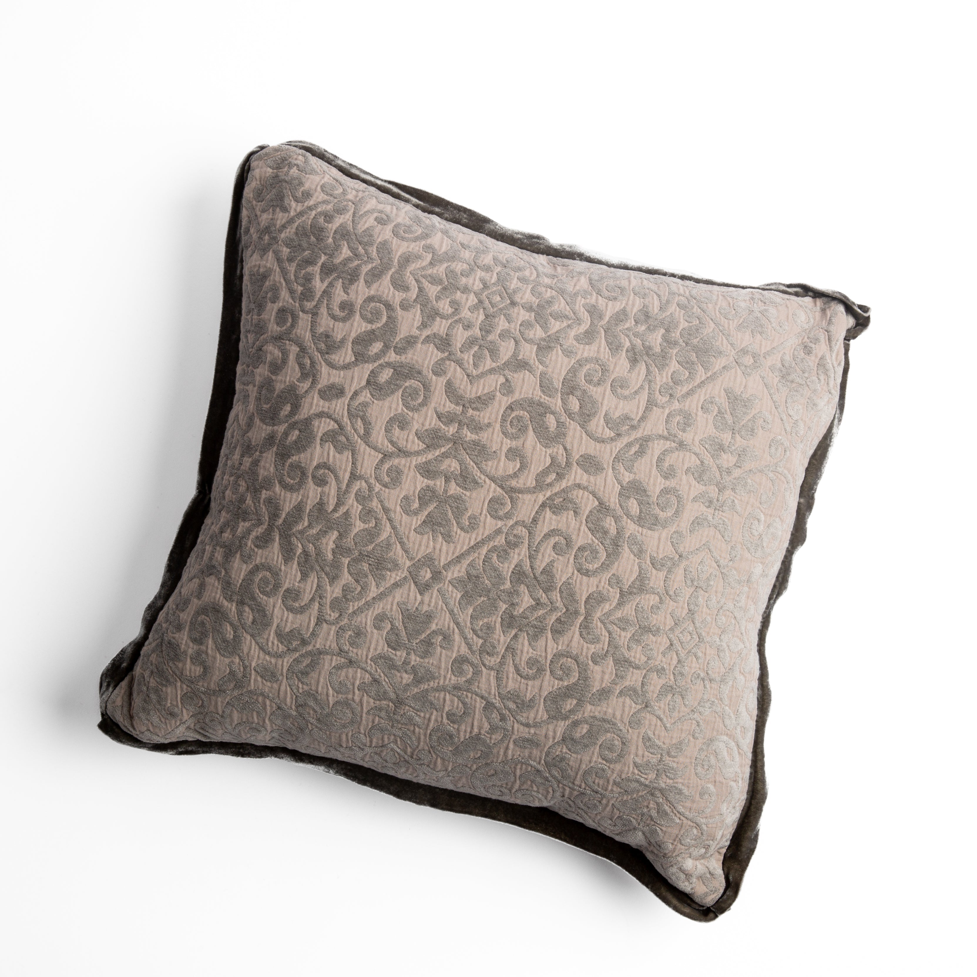 Fog: cotton chenille jacquard 18x18 pillow shown from overhead to display the pillow's face and silk velvet trim — overhead against a white background.